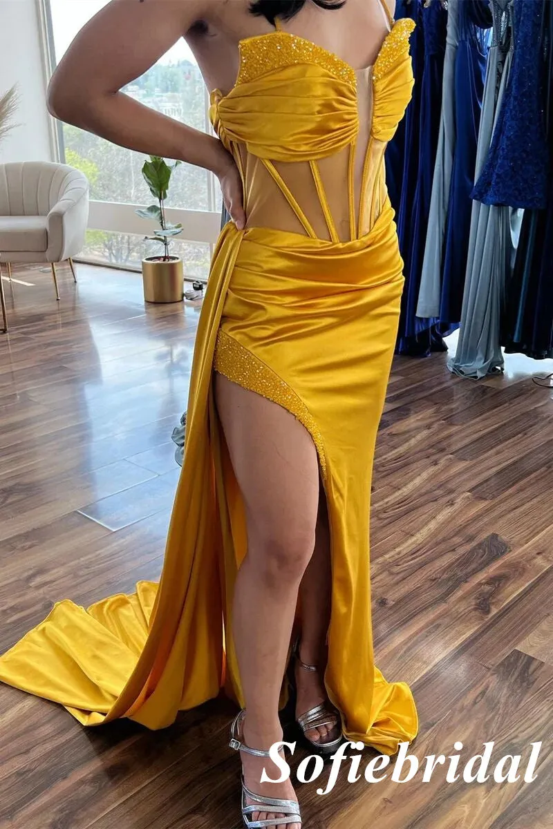 Sexy Soft Satin Spaghetti Straps V-Neck Side Slit Mermaid Long Prom Dresses, PD0976
