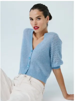 Shaker Cardigan w/ Fancy Stitch Puff Sleeves | Cloud Grey