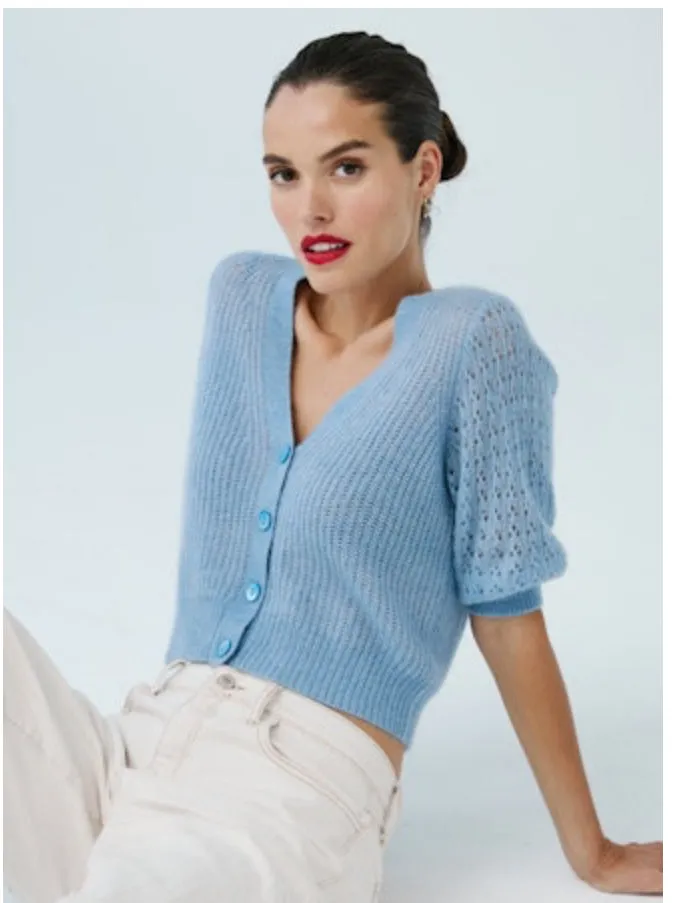 Shaker Cardigan w/ Fancy Stitch Puff Sleeves | Cloud Grey