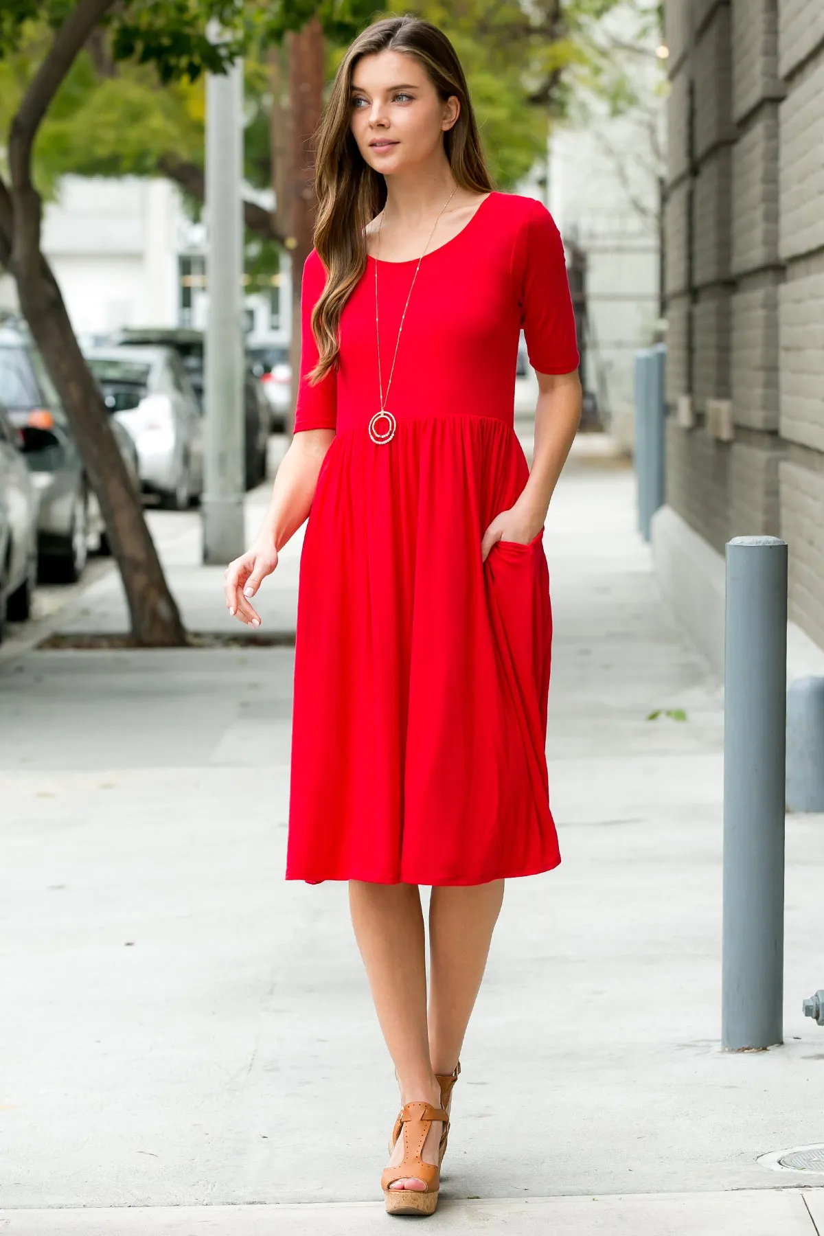 Short Sleeved Empire Waist Pocket Dress