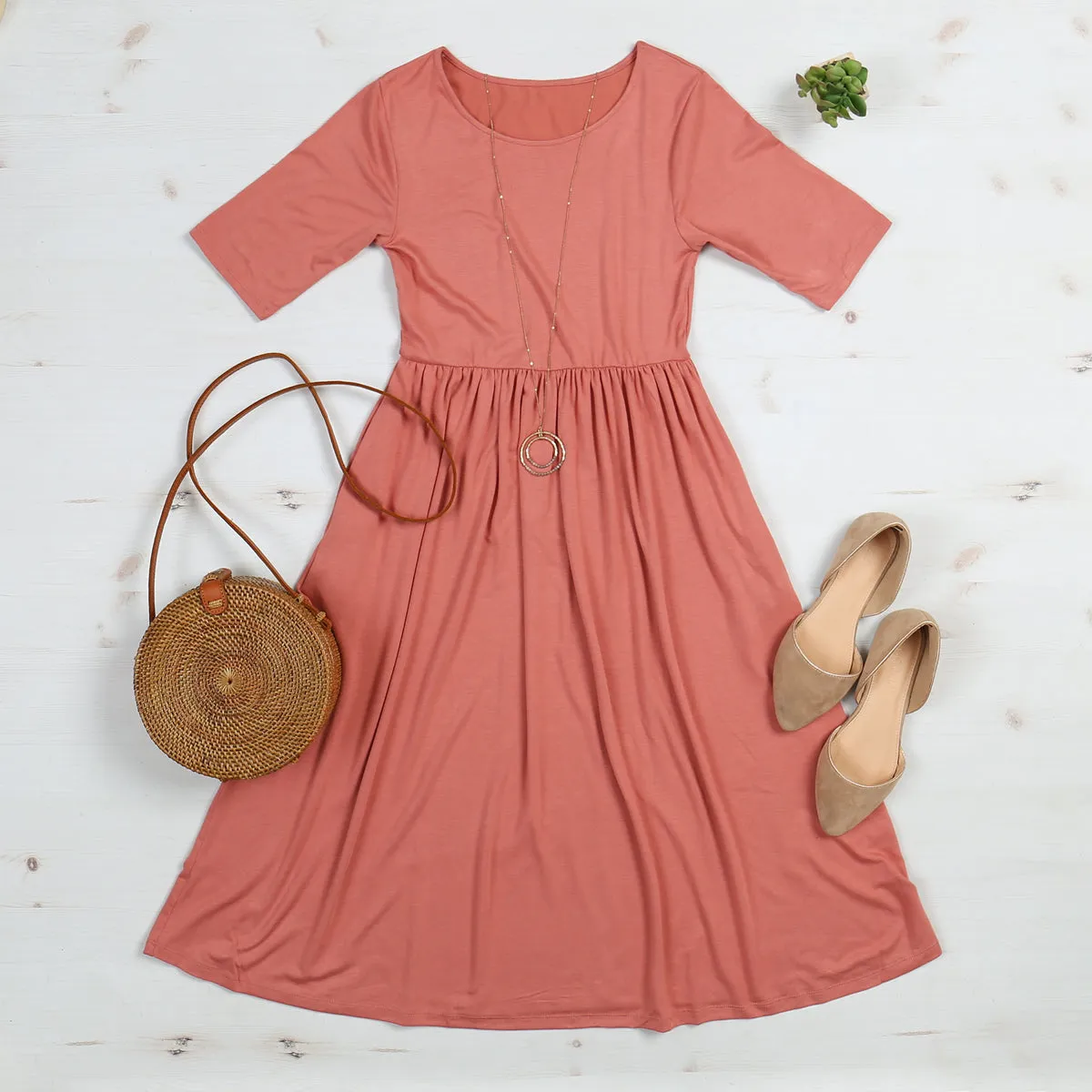 Short Sleeved Empire Waist Pocket Dress