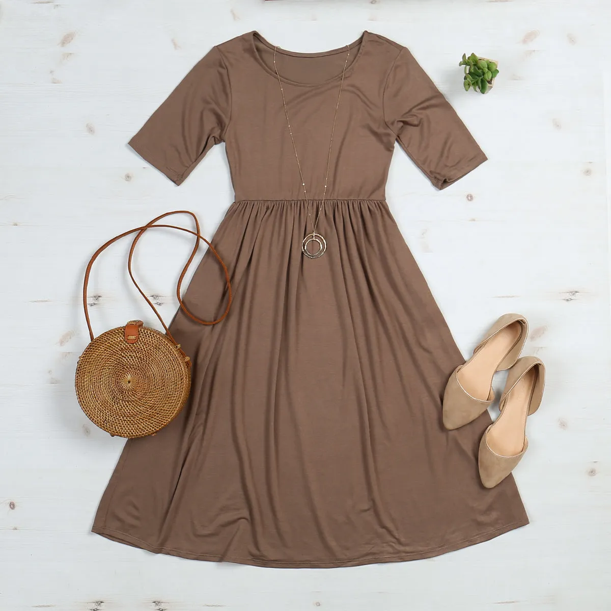 Short Sleeved Empire Waist Pocket Dress