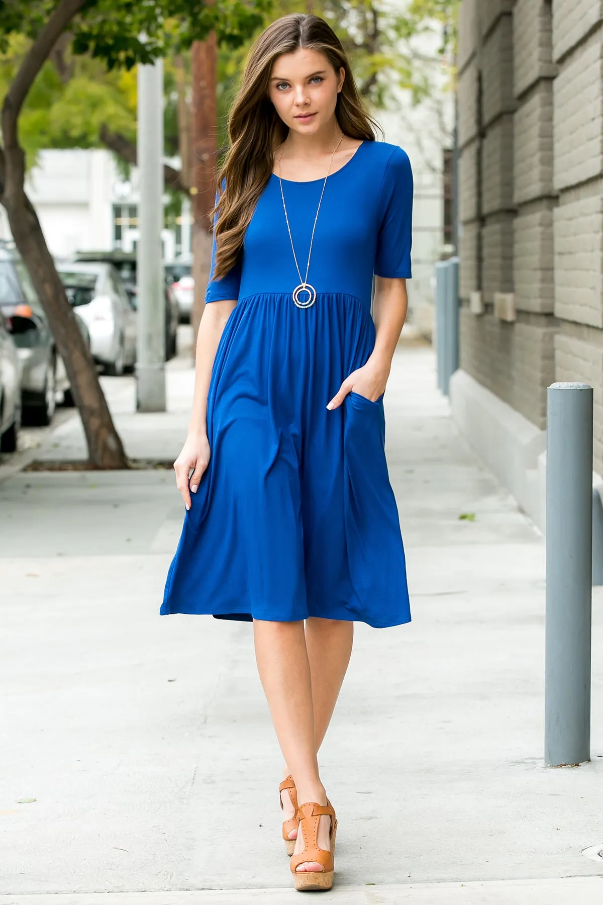 Short Sleeved Empire Waist Pocket Dress