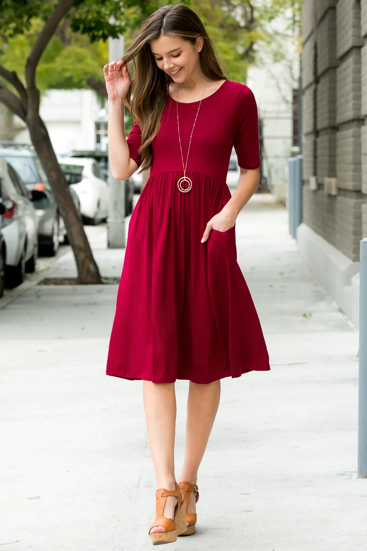 Short Sleeved Empire Waist Pocket Dress