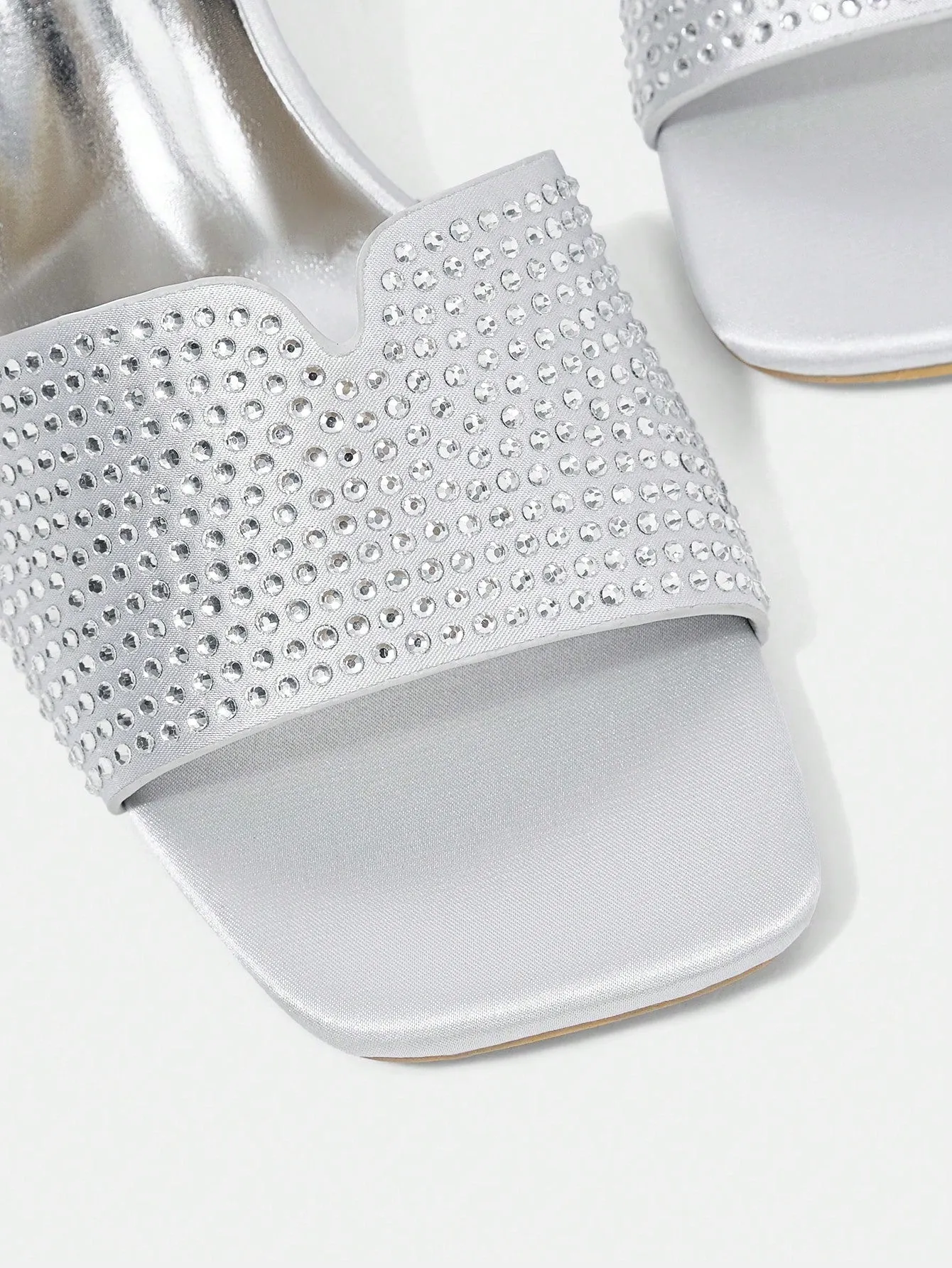 Silver Satin Hot Diamond Small Block Heel Sandals