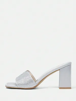 Silver Satin Hot Diamond Small Block Heel Sandals