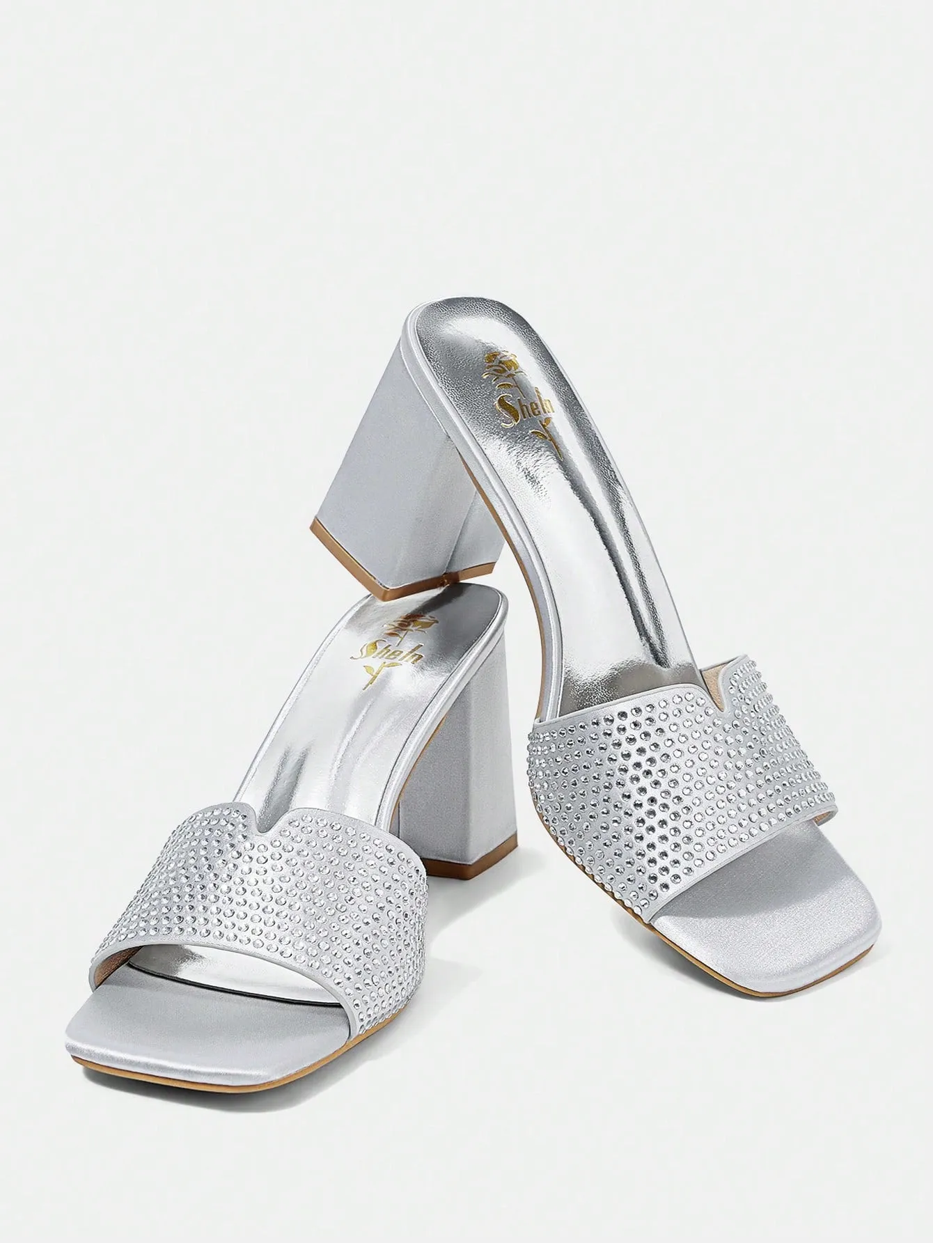 Silver Satin Hot Diamond Small Block Heel Sandals