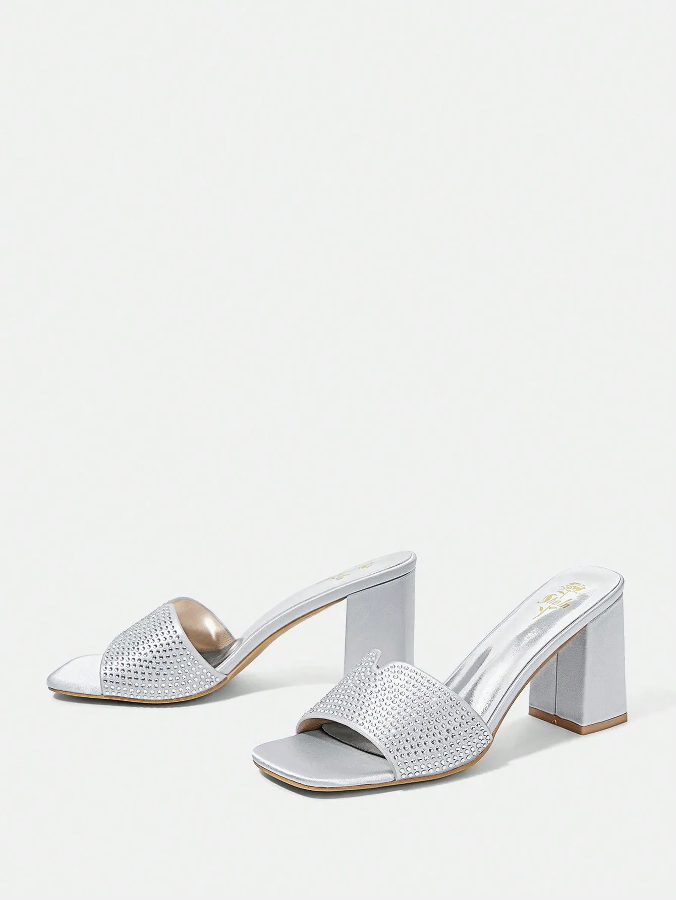 Silver Satin Hot Diamond Small Block Heel Sandals