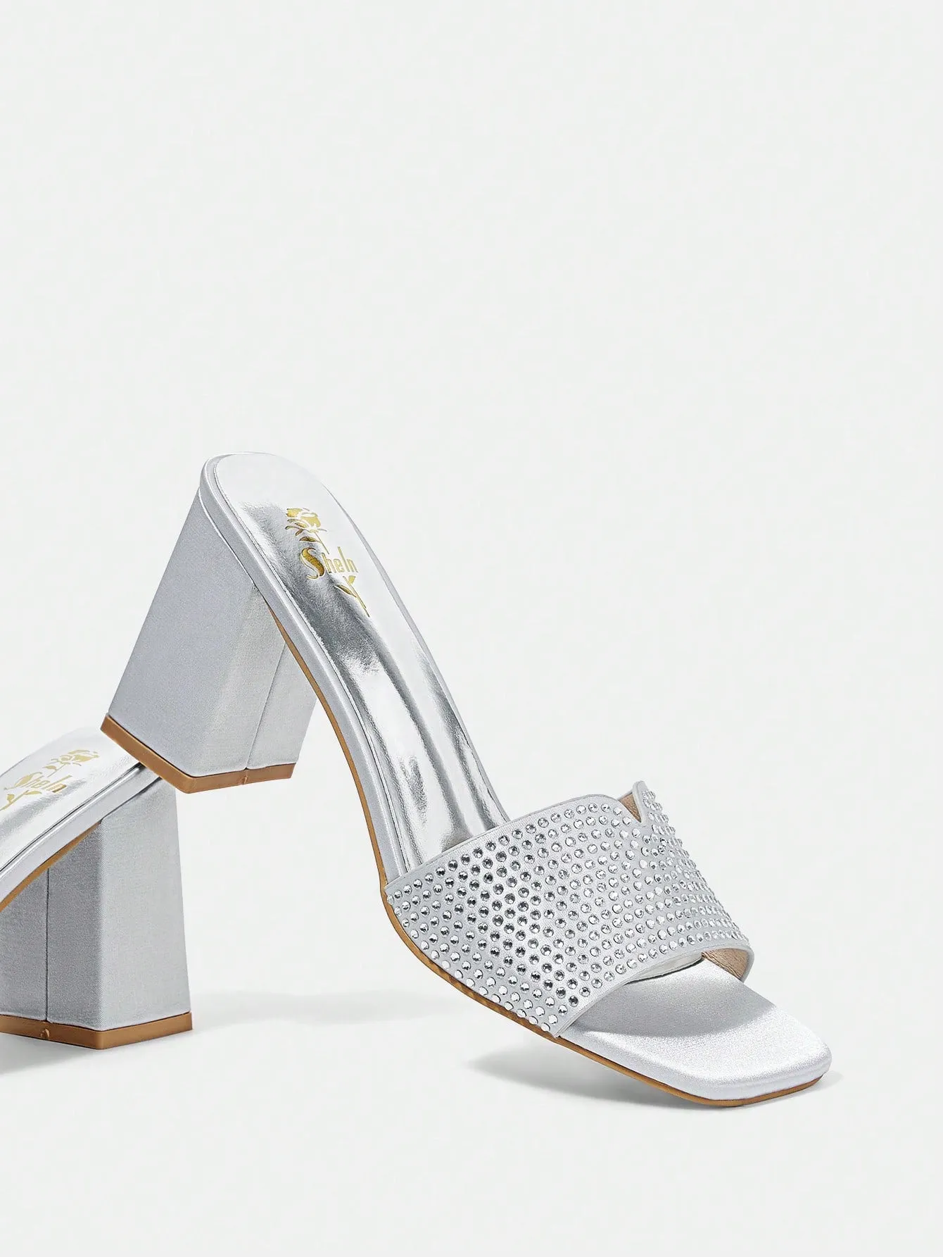 Silver Satin Hot Diamond Small Block Heel Sandals