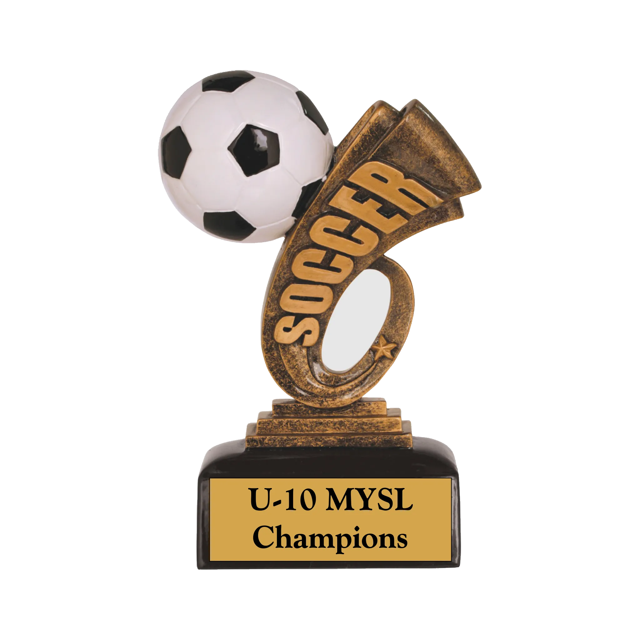 Soccer Headliner Award, A black and white soccer ball over a two toned antique gold soccer headline mounted on a black base.