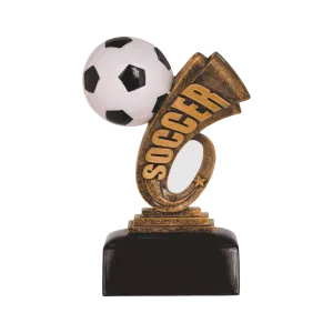 Soccer Headliner Award, A black and white soccer ball over a two toned antique gold soccer headline mounted on a black base.