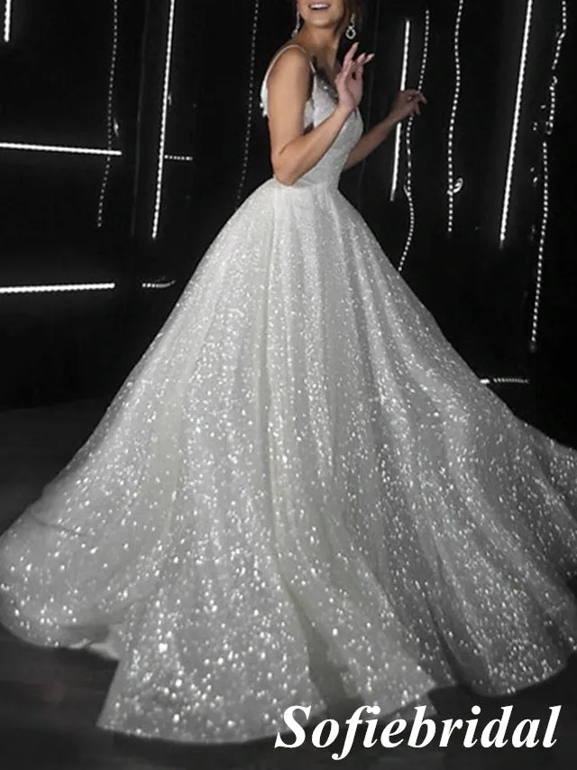 Sparkly Spaghetti Straps V-Neck Sleeveless A-Line Prom Dress, PD01028
