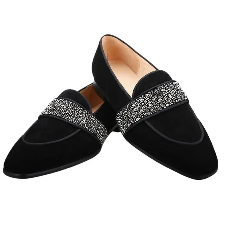 Stilvoll Schwarze Samt Loafers - Luxuriöse Strassschuhe