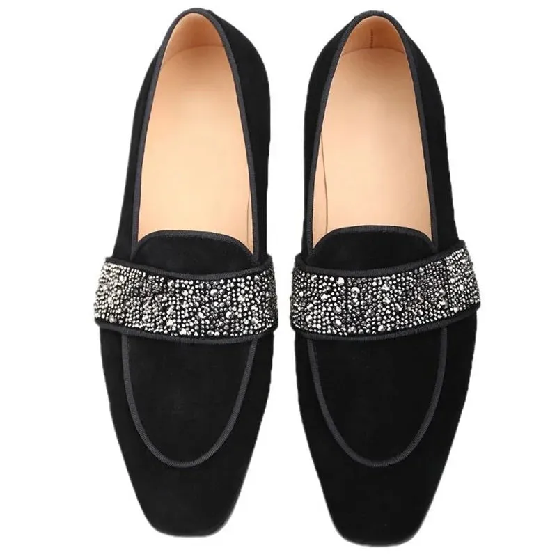 Stilvoll Schwarze Samt Loafers - Luxuriöse Strassschuhe