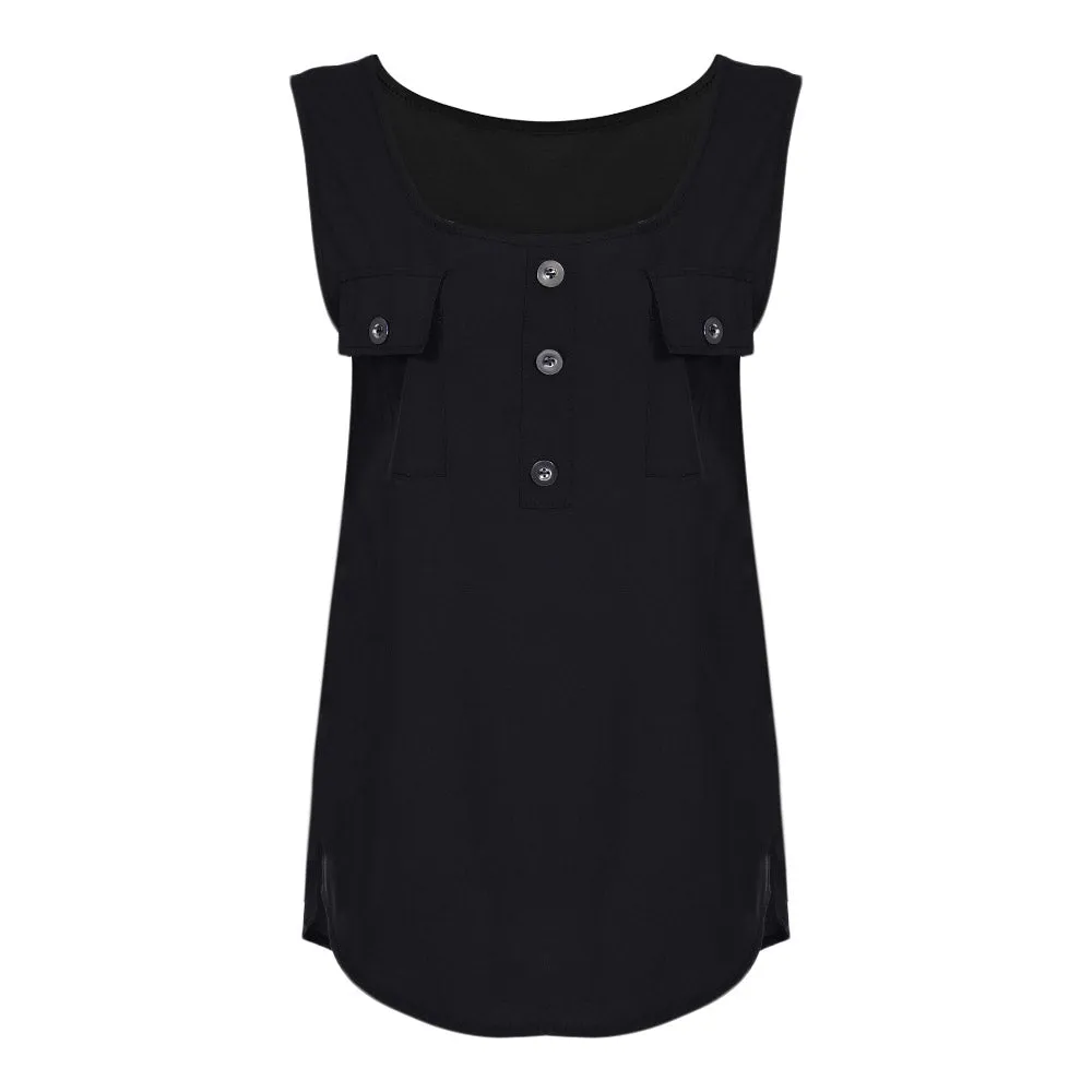Stylish Scoop Neck Sleeveless Button Pocket Women T-shirt 3700