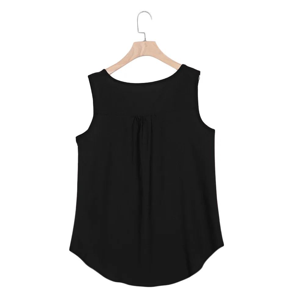 Stylish Scoop Neck Sleeveless Button Pocket Women T-shirt 3700