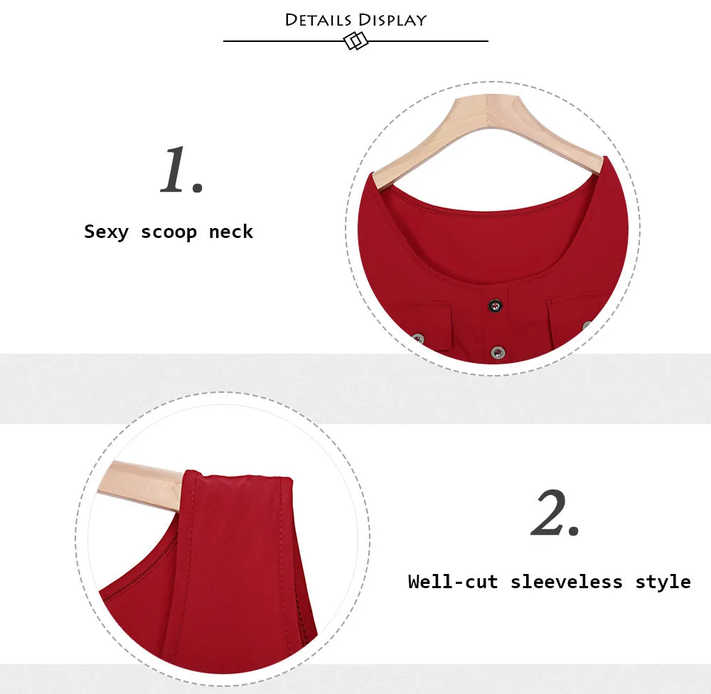 Stylish Scoop Neck Sleeveless Button Pocket Women T-shirt 3700