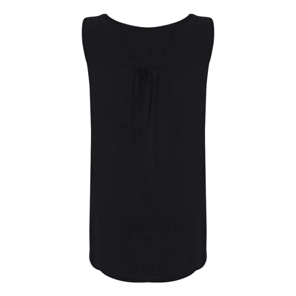 Stylish Scoop Neck Sleeveless Button Pocket Women T-shirt 3700