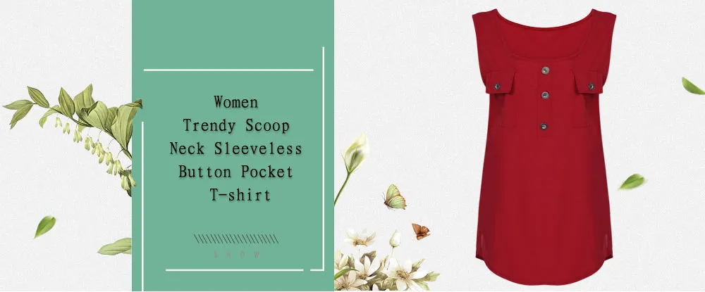 Stylish Scoop Neck Sleeveless Button Pocket Women T-shirt 3700