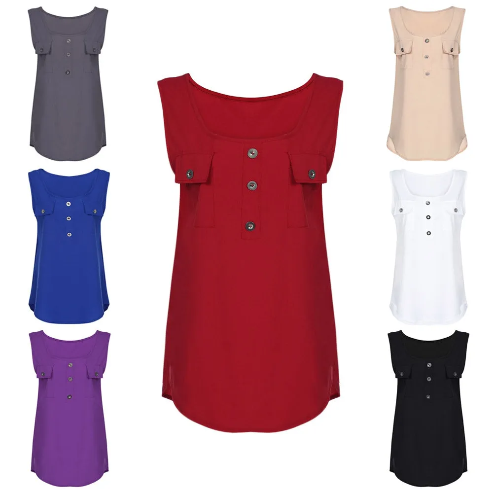 Stylish Scoop Neck Sleeveless Button Pocket Women T-shirt 3700
