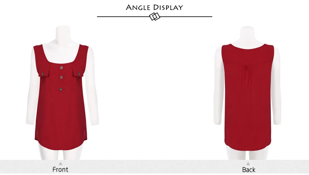Stylish Scoop Neck Sleeveless Button Pocket Women T-shirt 3700