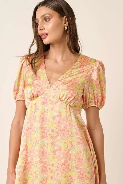 Tellow Combo Printed V-Neck Puff Sleeve Mini Dress