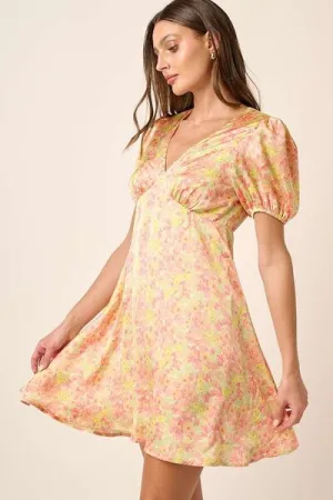 Tellow Combo Printed V-Neck Puff Sleeve Mini Dress