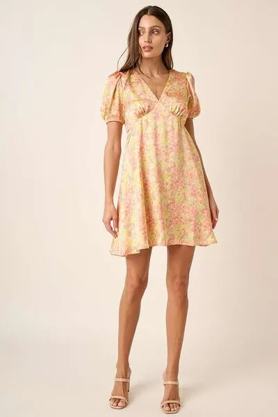Tellow Combo Printed V-Neck Puff Sleeve Mini Dress