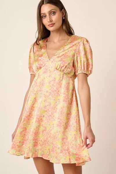 Tellow Combo Printed V-Neck Puff Sleeve Mini Dress