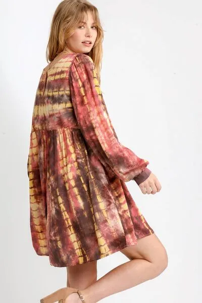Tie Dye Long Sleeve Babydoll Dress with Keyhole