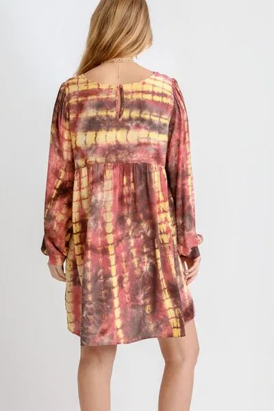 Tie Dye Long Sleeve Babydoll Dress with Keyhole