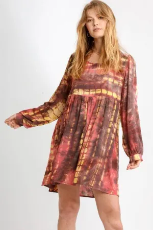 Tie Dye Long Sleeve Babydoll Dress with Keyhole
