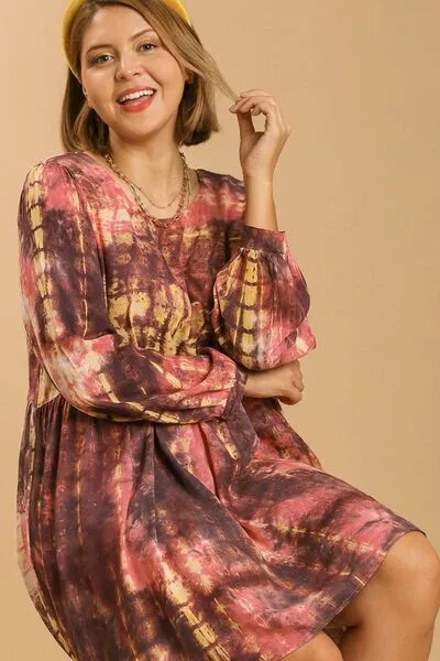 Tie Dye Long Sleeve Babydoll Dress with Keyhole