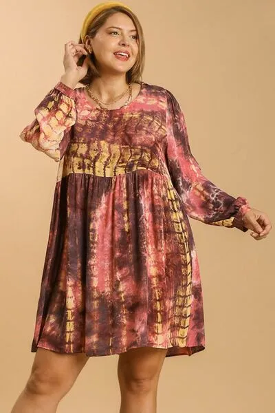 Tie Dye Long Sleeve Babydoll Dress with Keyhole