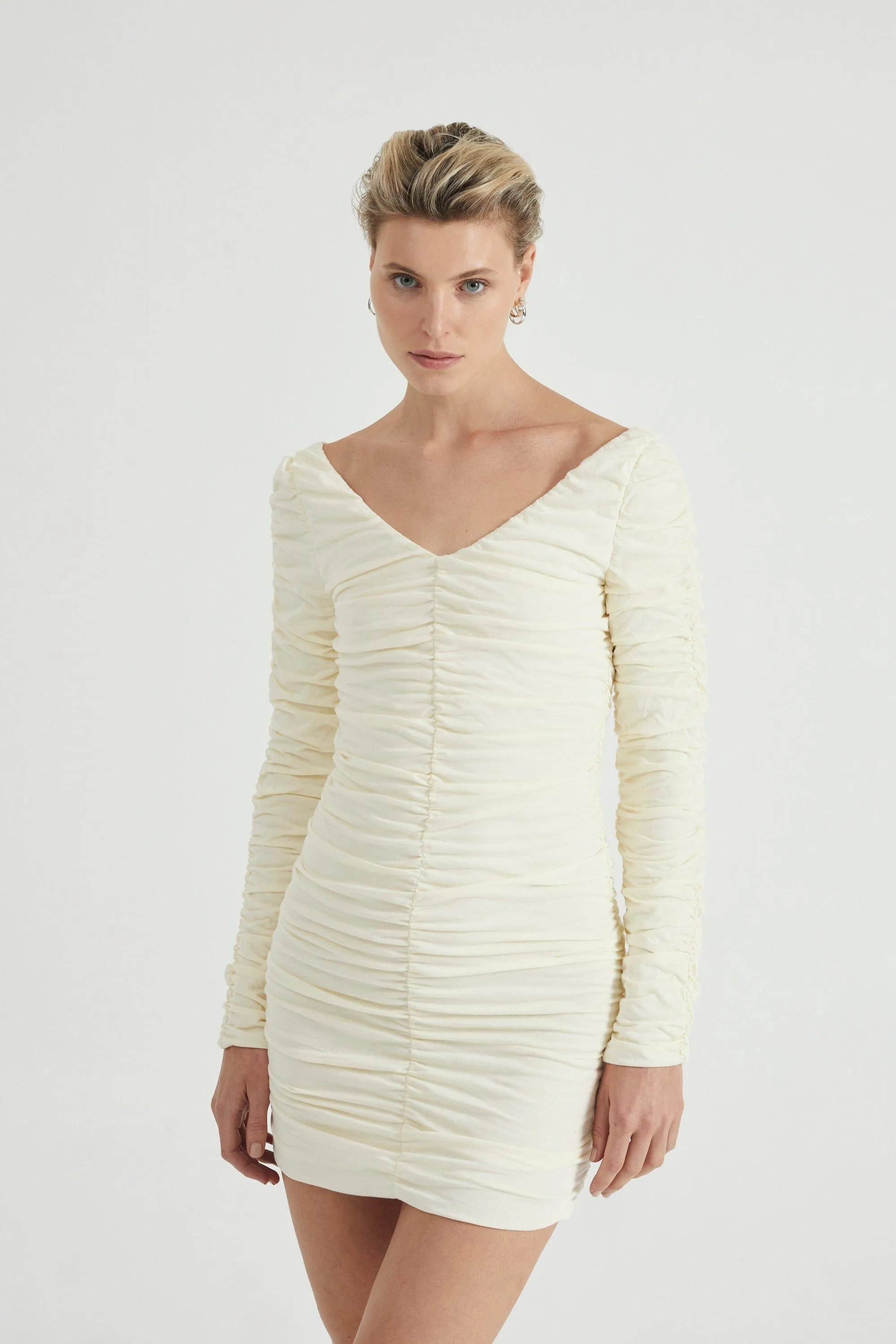 TIME AGAIN GATHERED MINI DRESS | CREAM