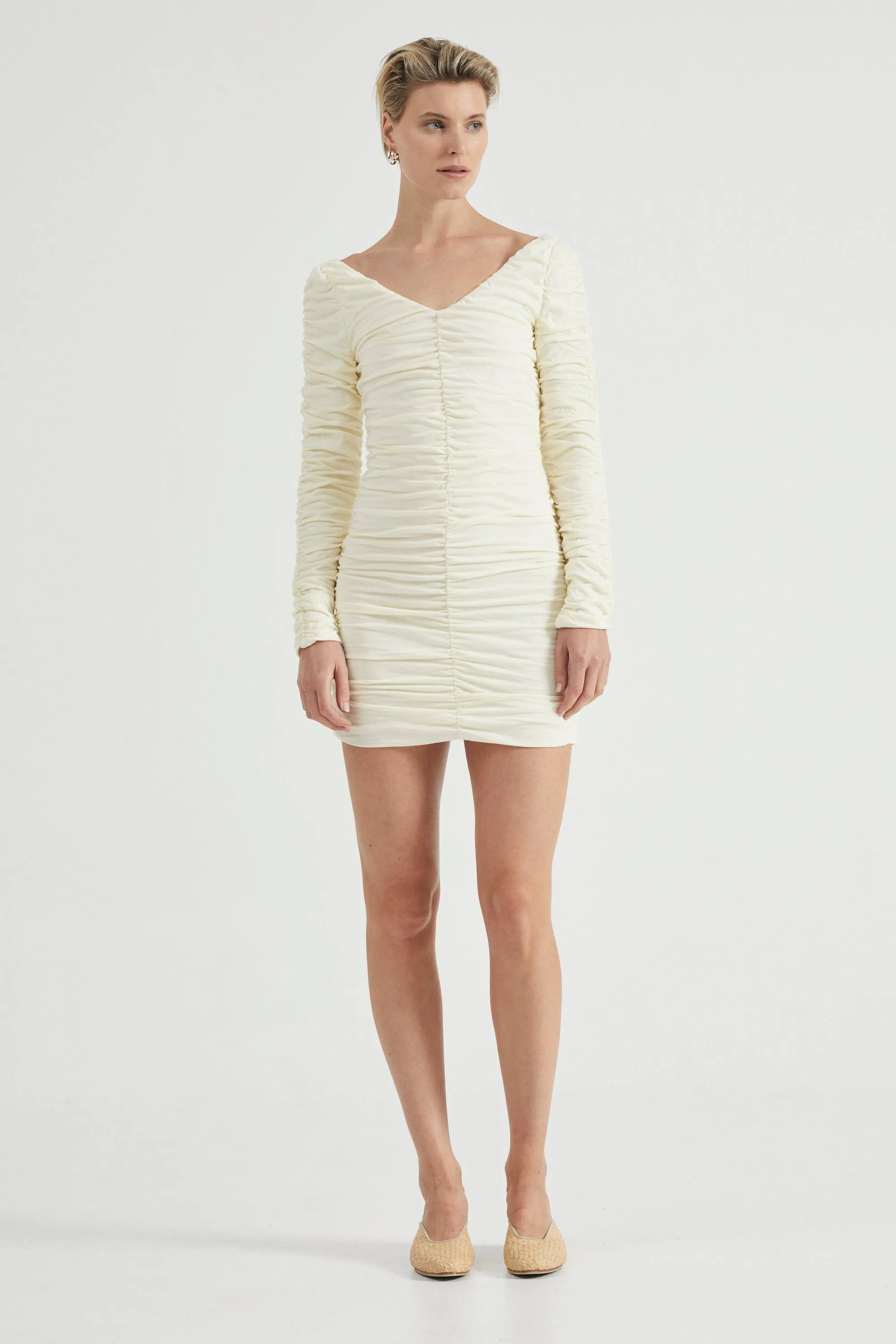 TIME AGAIN GATHERED MINI DRESS | CREAM