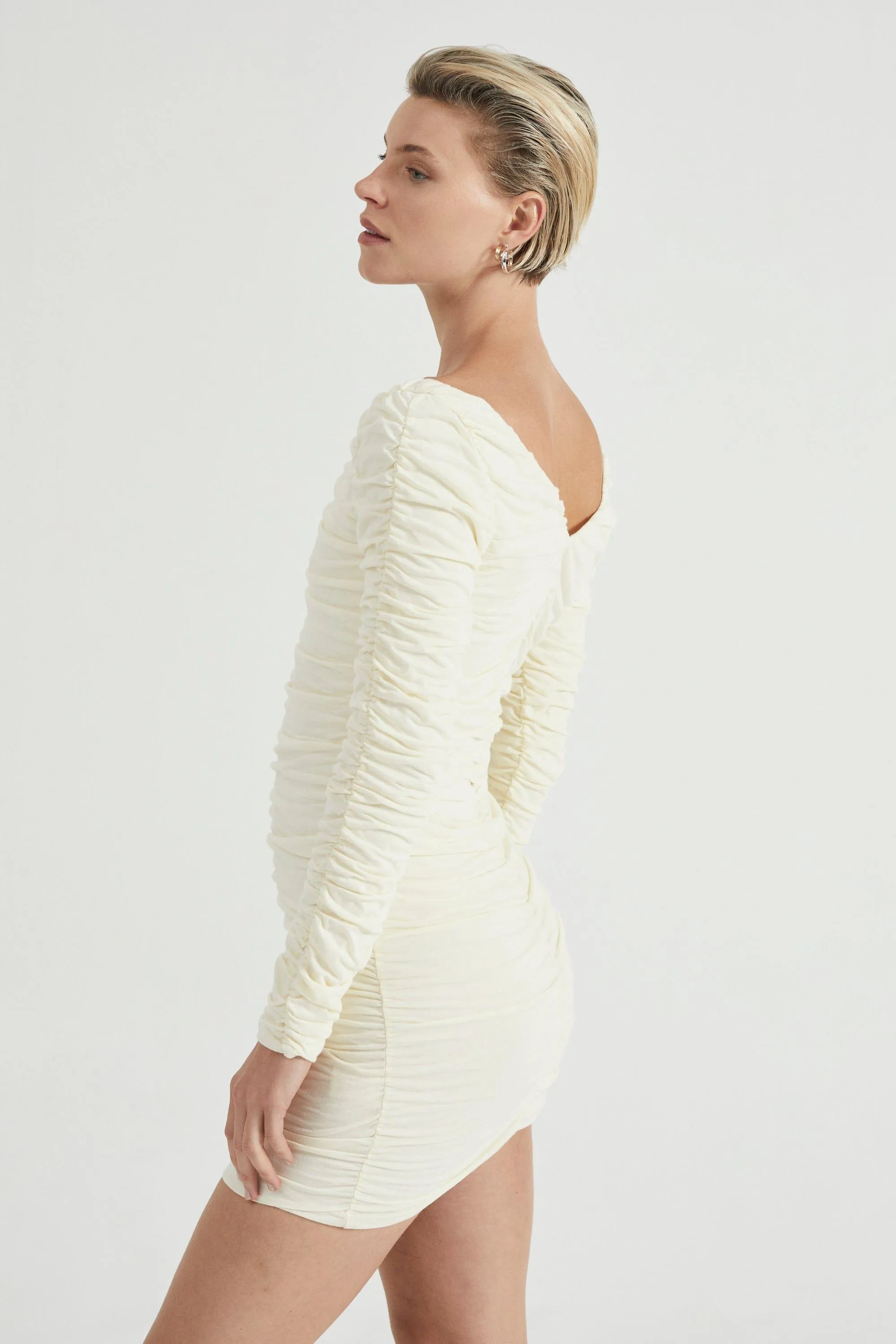 TIME AGAIN GATHERED MINI DRESS | CREAM