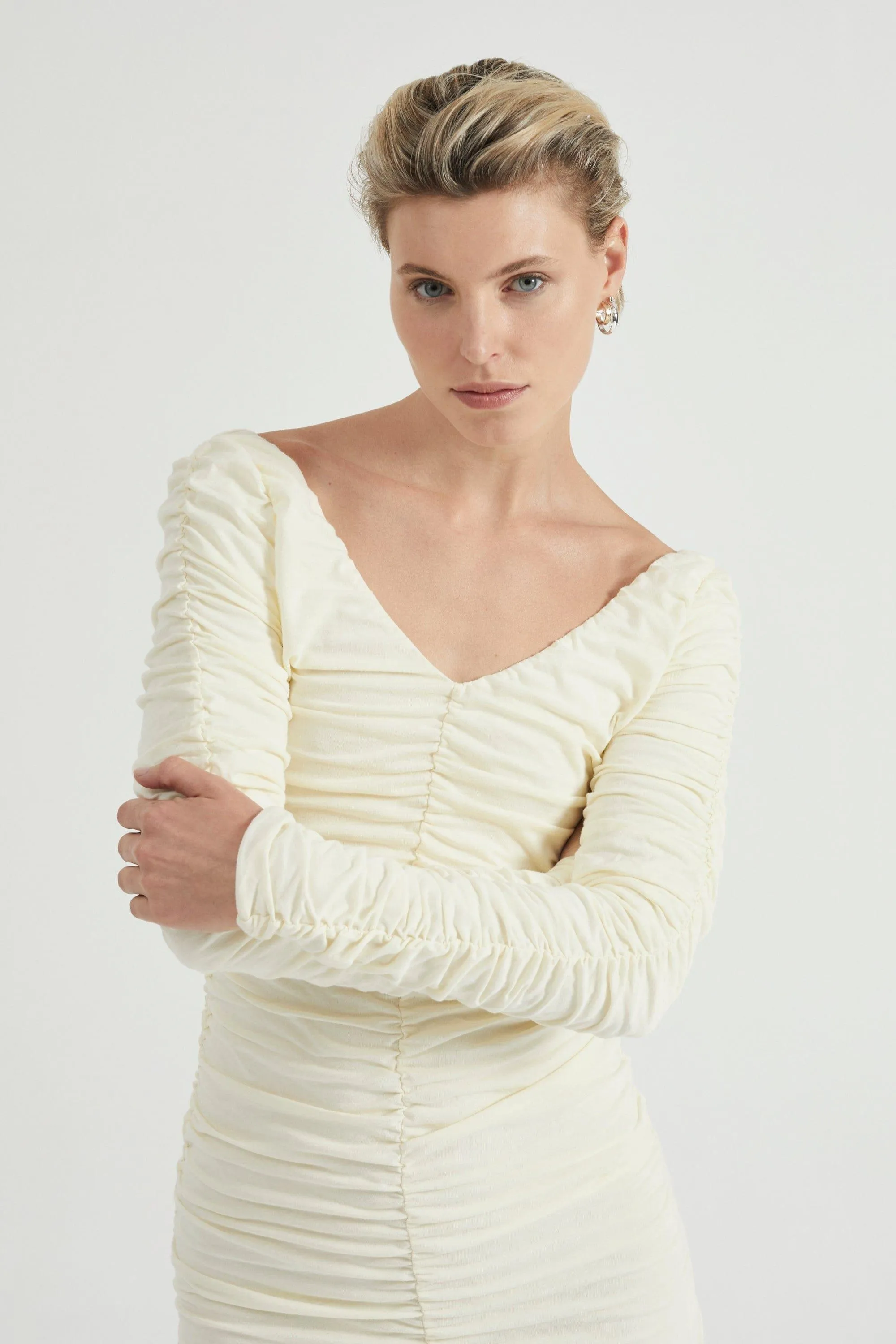 TIME AGAIN GATHERED MINI DRESS | CREAM