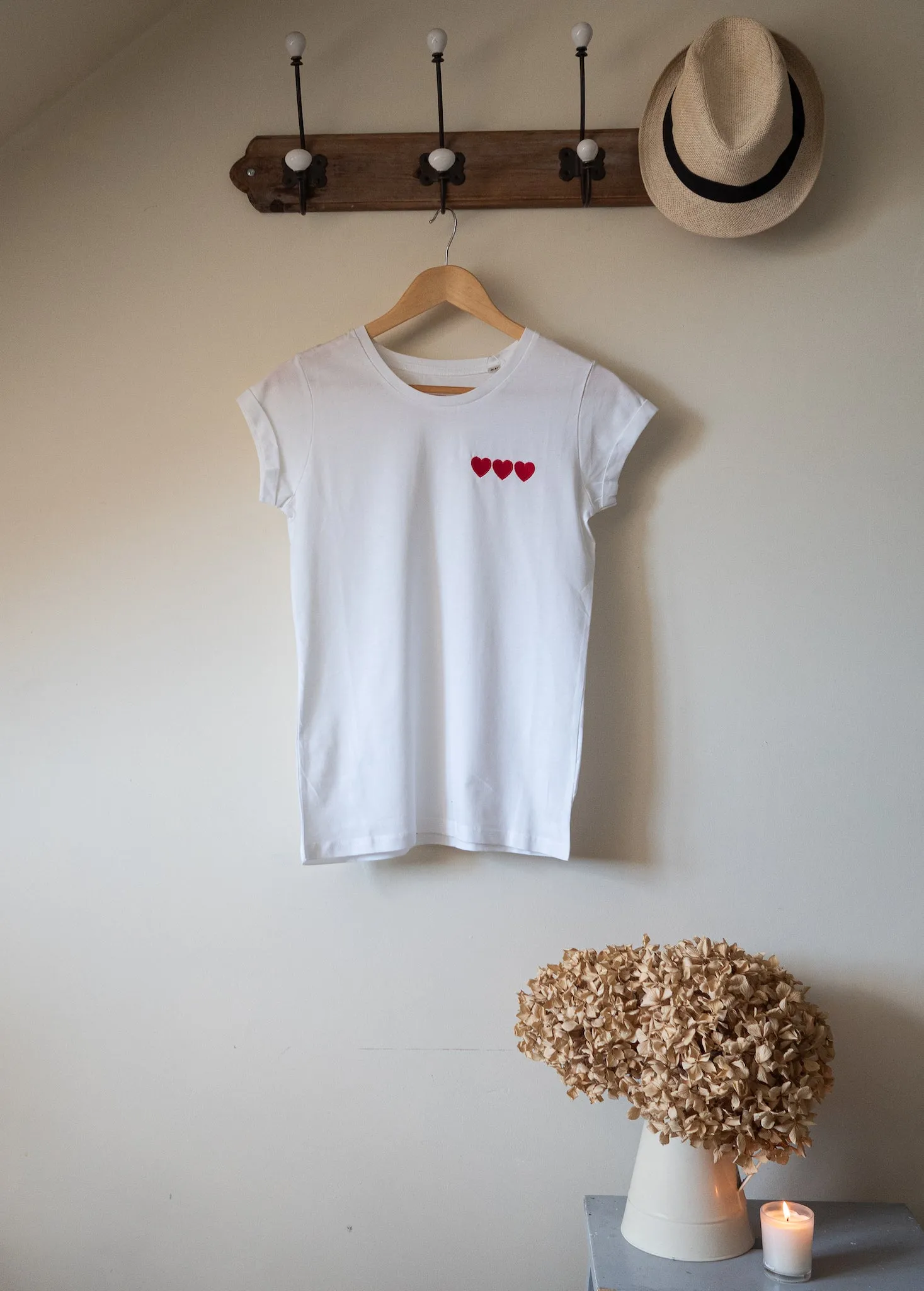 Triple Heart Embroidered White Tee - Ladies Fit