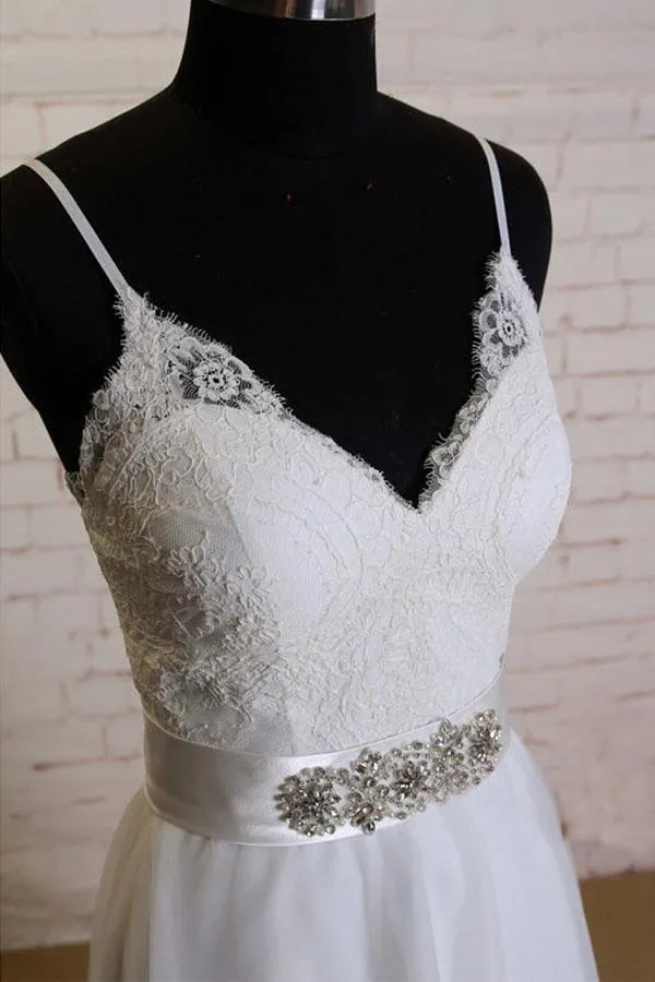 V-neck Sweep Train Satin Appliques Beading  Wedding Dresses WD173