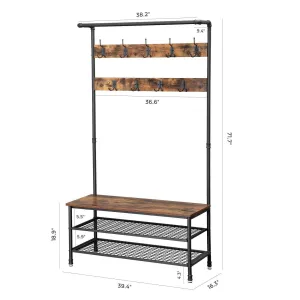 VASAGLE Industrial Coat Rack with Storage Bench, Pipe Style Large Hat and Coat Stand with 9 Hooks and Shoe Rack, Multifunctional Hall Tree, Sturdy Iron Frame UHSR47BX