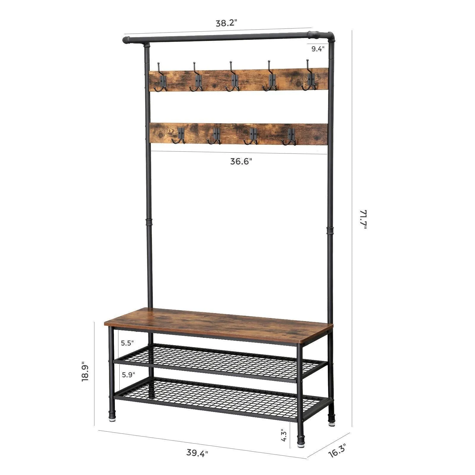 VASAGLE Industrial Coat Rack with Storage Bench, Pipe Style Large Hat and Coat Stand with 9 Hooks and Shoe Rack, Multifunctional Hall Tree, Sturdy Iron Frame UHSR47BX