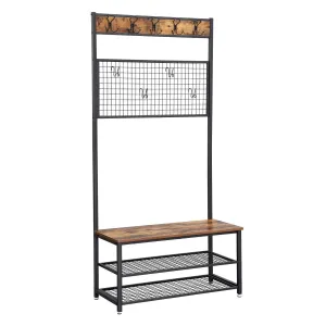 VASAGLE Industrial Coat Stand, Shoe Rack Bench with Grid Memo Board, 9 Hooks and Storage Shelves, Hall Tree with Stable Metal Frame, Rustic Brown UHSR46BX