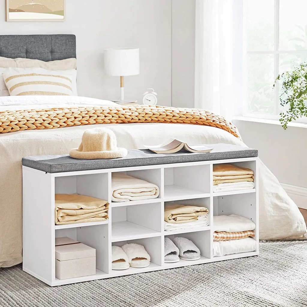 VASAGLE Storage Shoe Bench 10 Compartments with Cushion White and Gray LHS010W01