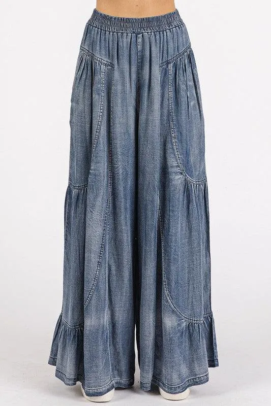 Washed Chambray Tier Detail Wide Leg Pants