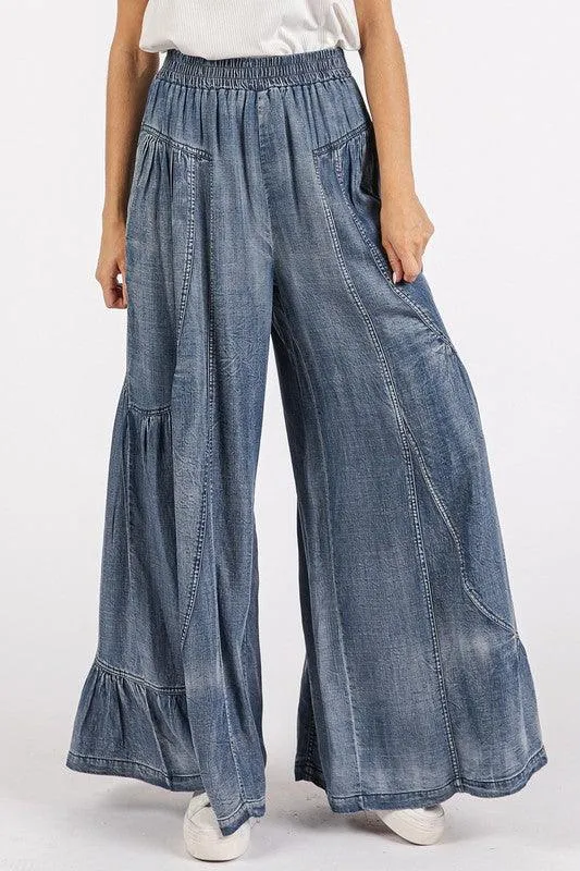 Washed Chambray Tier Detail Wide Leg Pants
