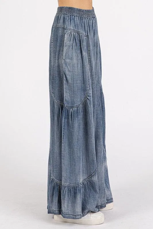 Washed Chambray Tier Detail Wide Leg Pants