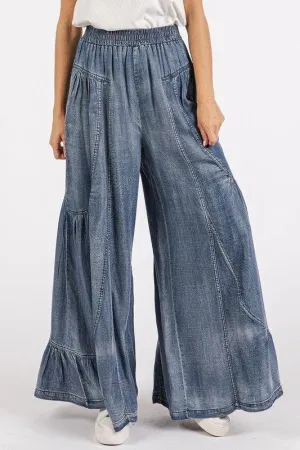 Washed Chambray Tier Detail Wide Leg Pants