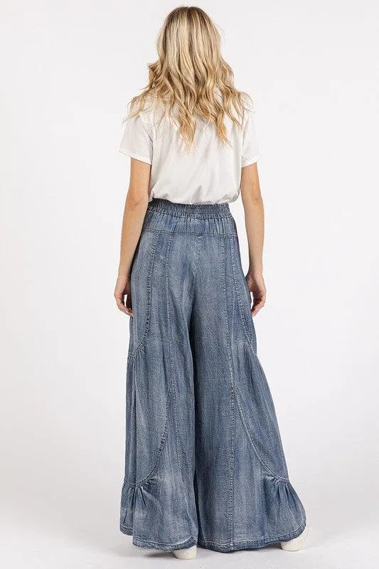 Washed Chambray Tier Detail Wide Leg Pants