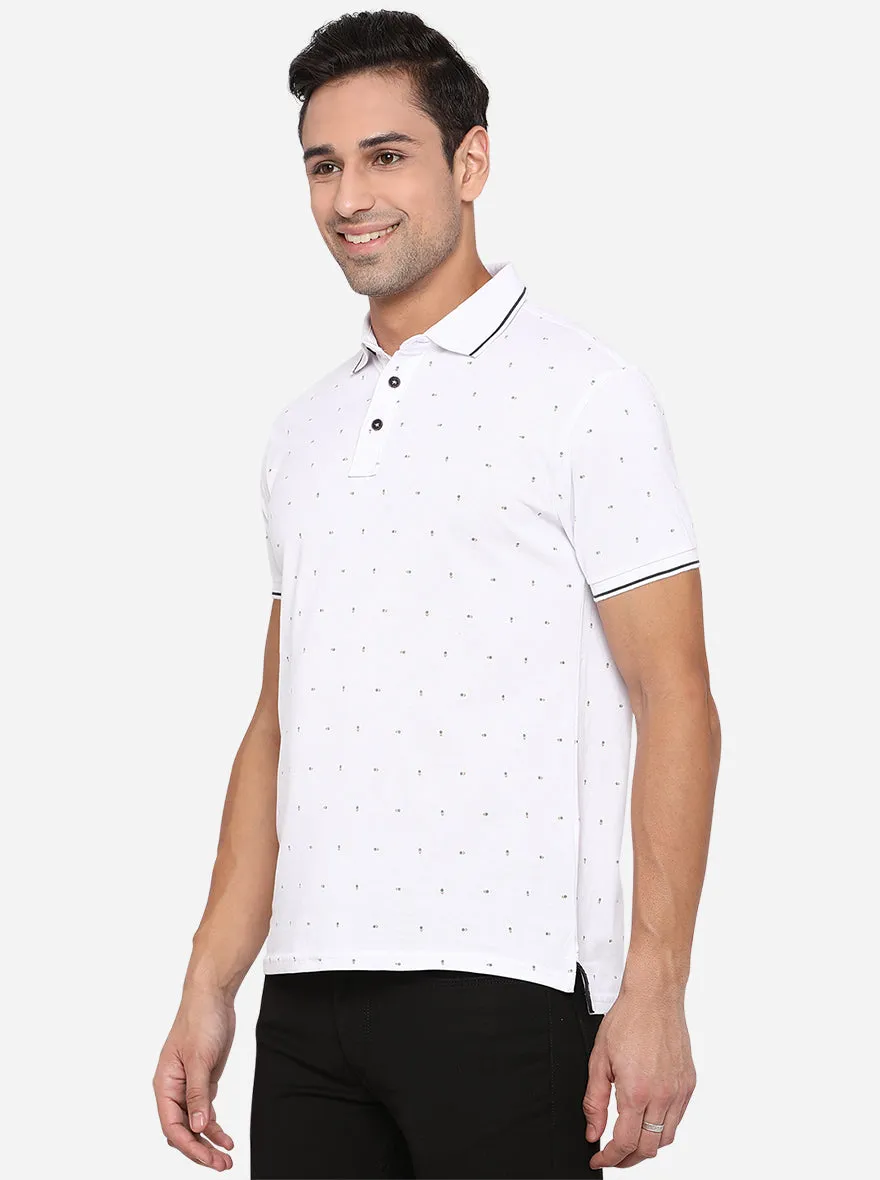 White Printed Slim Fit Polo T-Shirt | JadeBlue